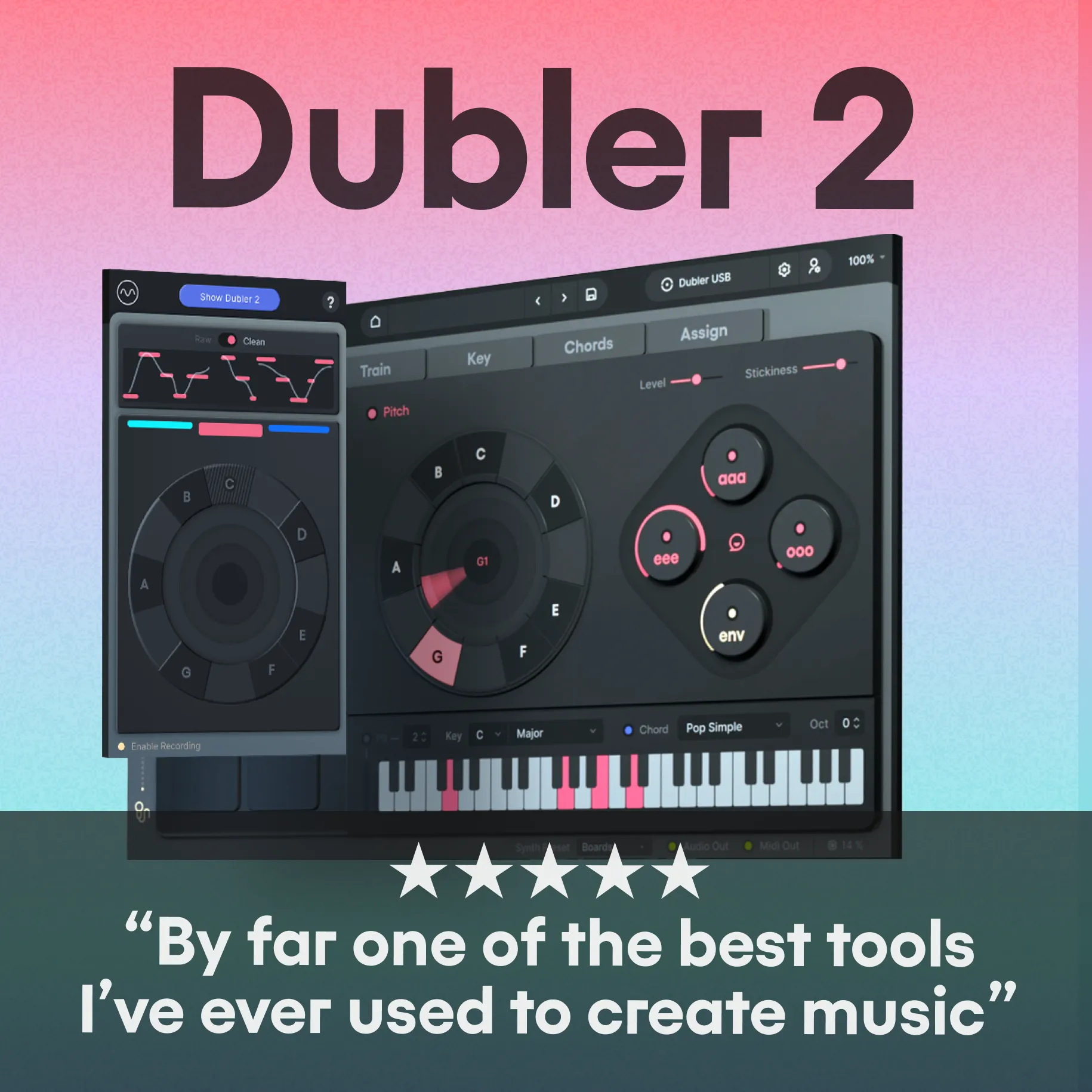 Music software interface with circular controls and keyboard. Text: "Dubler 2" and a 5-star review praising it as a music creation tool.